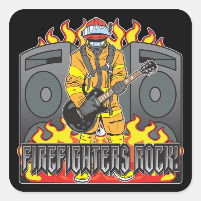 Pegatina Cuadrada Guitarra de rock para bomberos (Anverso)