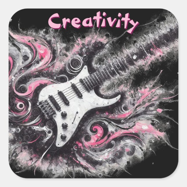 Pegatina Cuadrada Guitarra Eléctrica Guitarra Pink Black Music (Anverso)