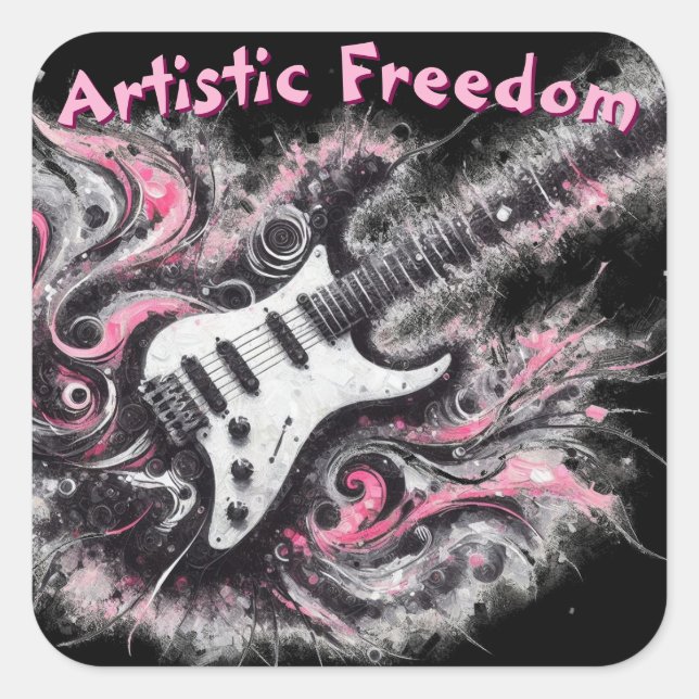 Pegatina Cuadrada Guitarra Eléctrica Guitarra Pink Black Music (Anverso)