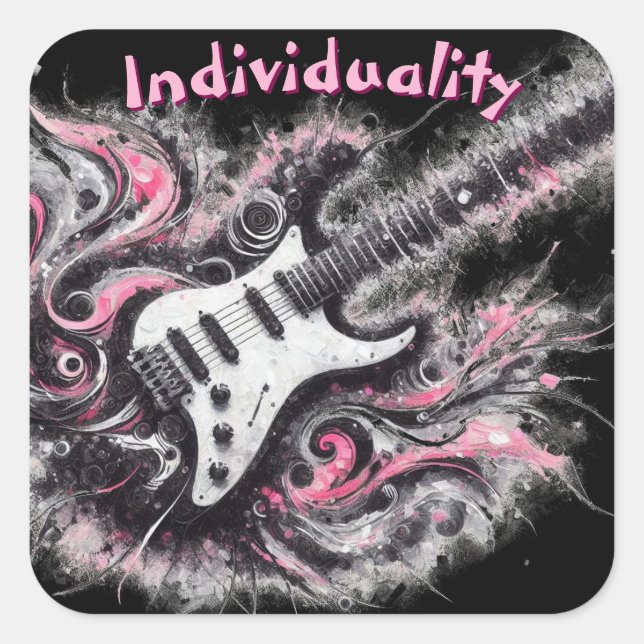 Pegatina Cuadrada Guitarra Eléctrica Guitarra Pink Black Music (Anverso)