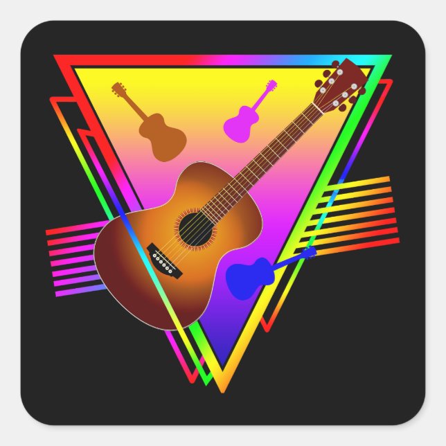 Pegatina Cuadrada Guitarra Retro Colorida (Anverso)