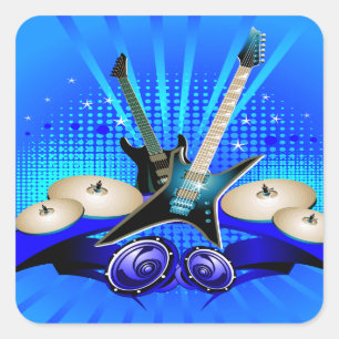 Pegatina Cuadrada Guitarras, tambores y altavoces eléctricos azules