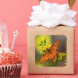 Pegatina Cuadrada Gulf Fritillary aka Passion Butterfly on Goldenrod