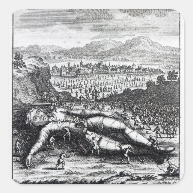 Pegatina Cuadrada Gulliver capturado por los Lilliputianos (Anverso)