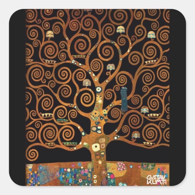 Pegatina Cuadrada Gustav Klimt, bajo el árbol de la vida (Anverso)