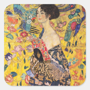 Pegatina Cuadrada Gustav Klimt - Dama con Abanico