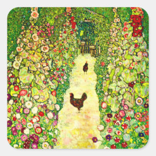Pegatina Cuadrada Gustav Klimt Garden con pollos
