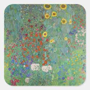 Pegatina Cuadrada Gustav Klimt - Jardín de campo con girasoles