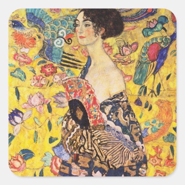 Pegatina Cuadrada Gustav Klimt Lady Con Ventilador (Anverso)