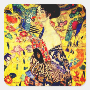 Pegatina Cuadrada Gustav Klimt Lady con ventilador