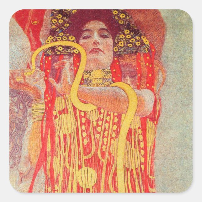 Pegatina Cuadrada Gustav Klimt Red Woman Gold Snake Pintura (Anverso)