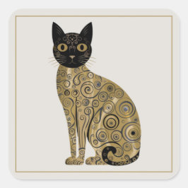 Pegatina Cuadrada Gustav Klimt Style Black Cat Art