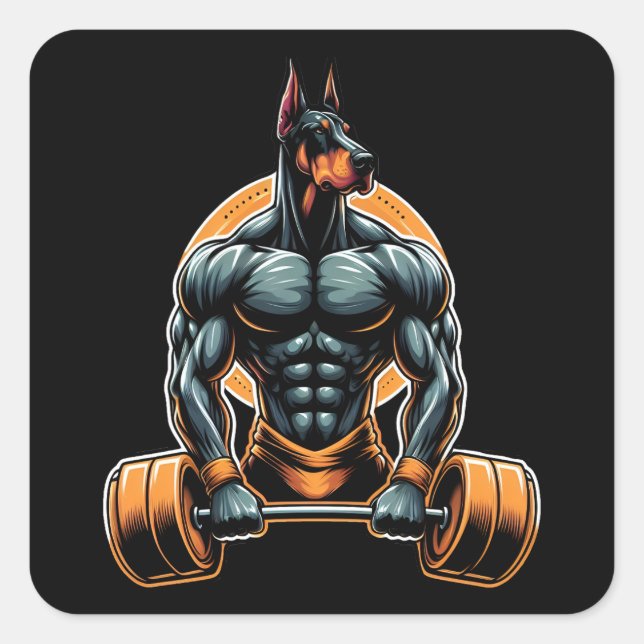 Pegatina Cuadrada GYM doberman dog bodybuilder powerlifter (Anverso)