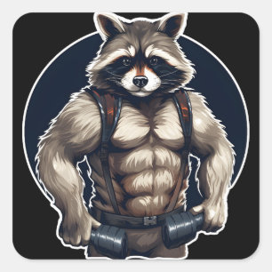 Pegatina Cuadrada GYM Raccoon Workout