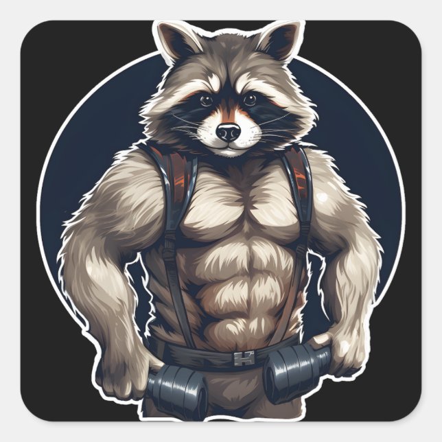 Pegatina Cuadrada GYM Raccoon Workout (Anverso)