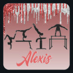 Pegatina Cuadrada Gymnastics Red and Silver Glitter Drip Ombre<br><div class="desc">Gymnastics Red and Silver Glitter Drip Ombre design personalized with the name of your gymnast or your gymnastics club name!</div>