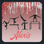 Pegatina Cuadrada Gymnastics Red and Silver Glitter Drip Ombre<br><div class="desc">Gymnastics Red and Silver Glitter Drip Ombre design personalized with the name of your gymnast or your gymnastics club name!</div>