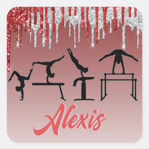 Pegatina Cuadrada Gymnastics Red and Silver Glitter Drip Ombre
