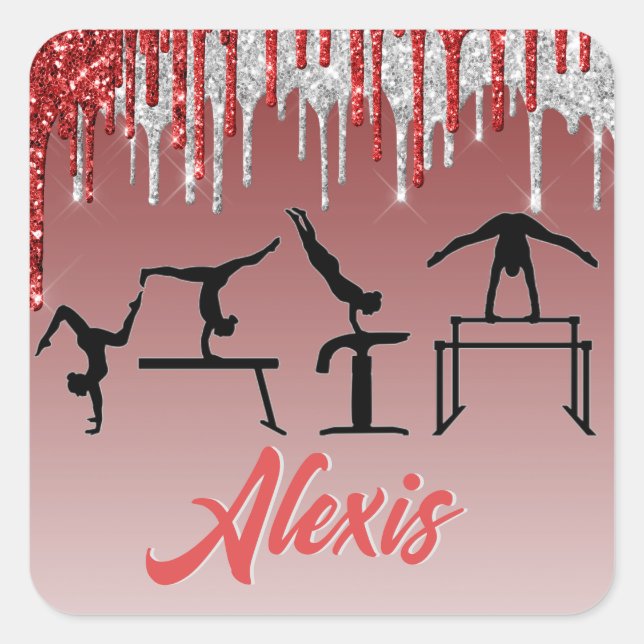 Pegatina Cuadrada Gymnastics Red and Silver Glitter Drip Ombre     (Anverso)