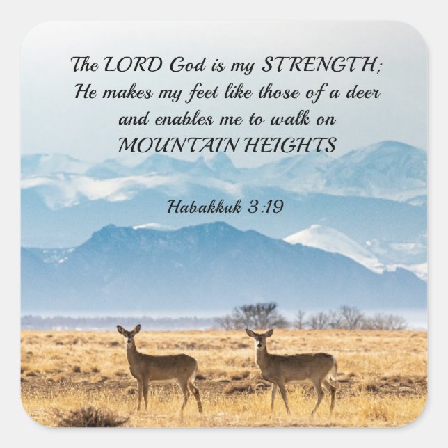 Pegatina Cuadrada Habakkuk 3:19 Biblia Verse Deer y Montañas (Anverso)