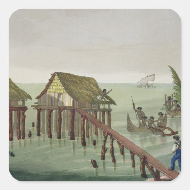 Pegatina Cuadrada Habitaciones de la tribu Papu, Rawak, placa 22 de (Anverso)