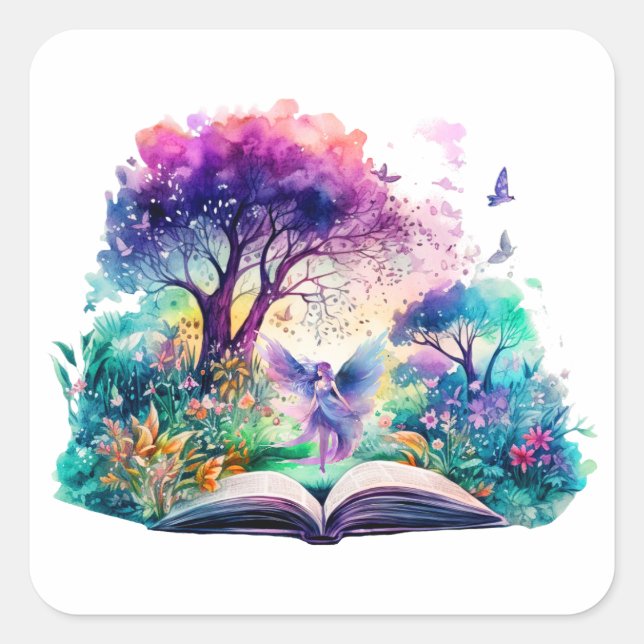 Pegatina Cuadrada Hada Amante de Libros de Fantasía (Anverso)