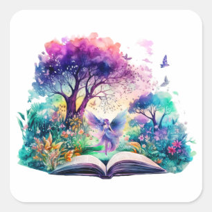 Pegatina Cuadrada Hada Amante de Libros de Fantasía