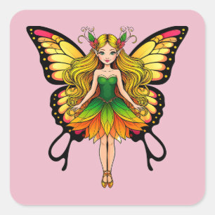 Pegatina Cuadrada Hada Colorida Con Alas de Mariposa Vibrantes