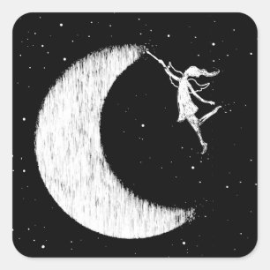 Pegatina Cuadrada Hada de arte: Pintar la luna