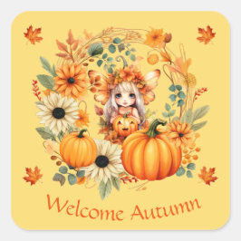 Pegatina Cuadrada Hada de calabaza suave en la guirnalda otoñal