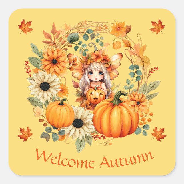 Pegatina Cuadrada Hada de calabaza suave en la guirnalda otoñal (Anverso)