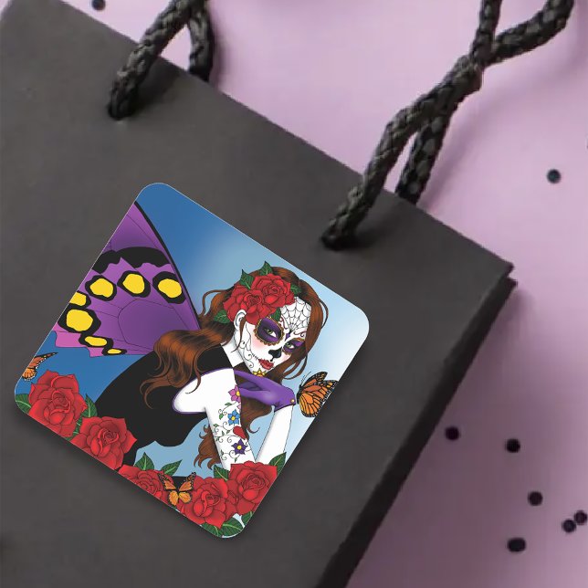 Pegatina Cuadrada Hada de cráneo de azúcar morado (Subido por el creador)
