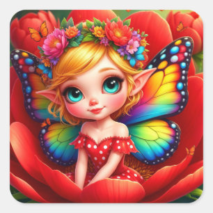 Pegatina Cuadrada Hada De Flor Colorida Para Amantes De La Fantasía