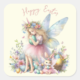 Pegatina Cuadrada Hada de Pascua de primavera en acuarela
