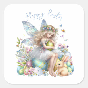 Pegatina Cuadrada Hada de Pascua de primavera en acuarela