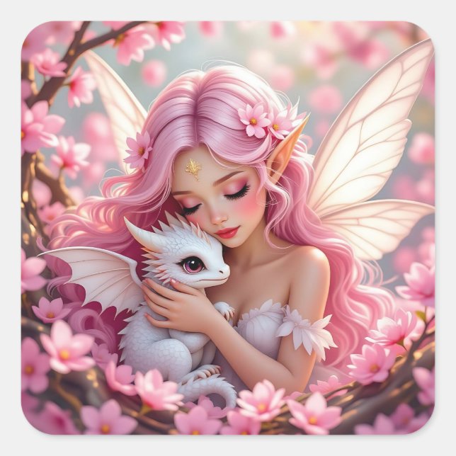 Pegatina Cuadrada Hada Elfa Rosa Bonita & Dragón (Anverso)