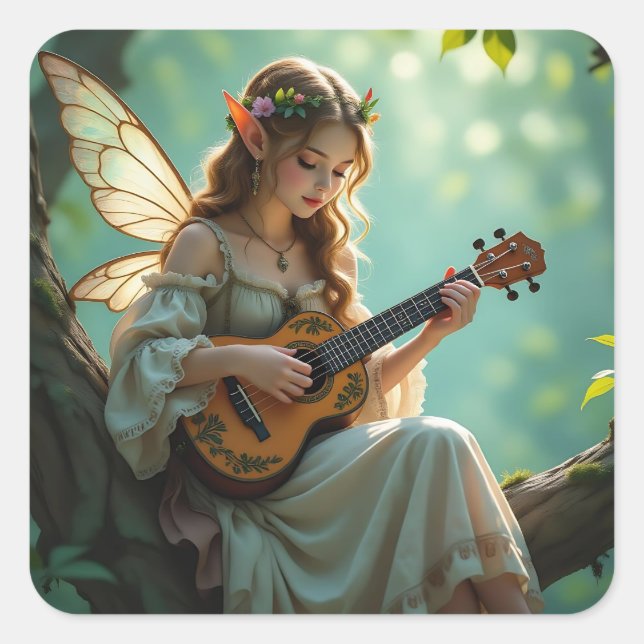 Pegatina Cuadrada Hada Elfica Bonita Tocando Ukulele (Anverso)