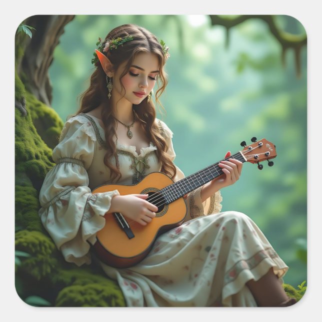 Pegatina Cuadrada Hada élfica encantada tocando el ukelele (Anverso)