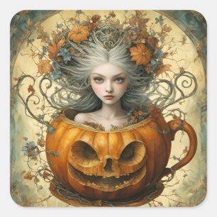 Pegatina Cuadrada Hada en una taza Jack O Lantern