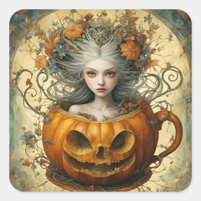 Pegatina Cuadrada Hada en una taza Jack O Lantern (Anverso)