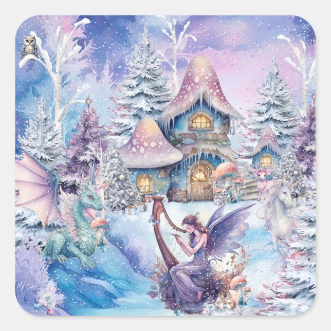 Pegatina Cuadrada Hada Mágica y Caprichosa de Navidad (Anverso)