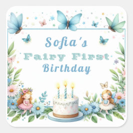 Pegatina Cuadrada Hada Mariposa Pastel Azul Primer Cumpleaños -
