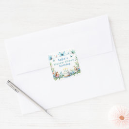Pegatina Cuadrada Hada Mariposa Pastel Azul Primer Cumpleaños -