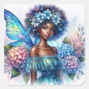 Pegatina Cuadrada Hada Negra con Afro y Hortensias Azules