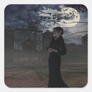 Pegatina Cuadrada Hada oscura espeluznante a la luz de la luna