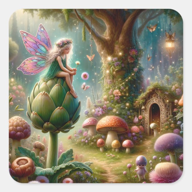 Pegatina Cuadrada Hada sentada en una Ilustración Mágica de Artichok (Anverso)
