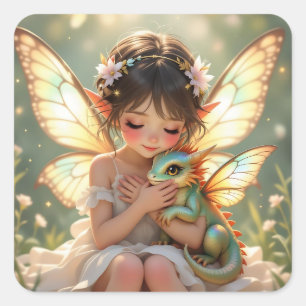 Pegatina Cuadrada Hada y Dragón   Chibi Anime Cuento de Hadas