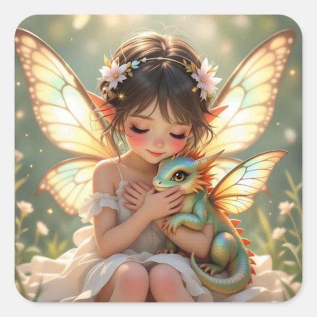 Pegatina Cuadrada Hada y Dragón | Chibi Anime Cuento de Hadas (Anverso)