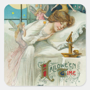 Pegatina Cuadrada Hadas del tiempo de Halloween alrededor de la
