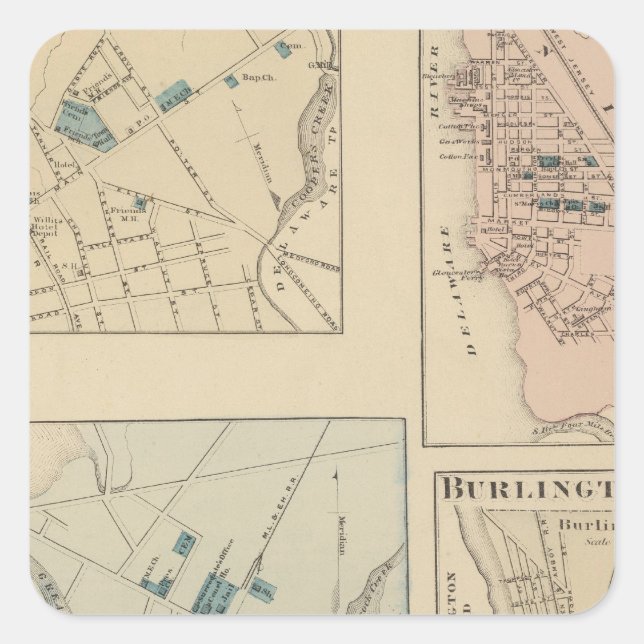 Pegatina Cuadrada Haddonfield, Gloucester City, Burlington (Anverso)